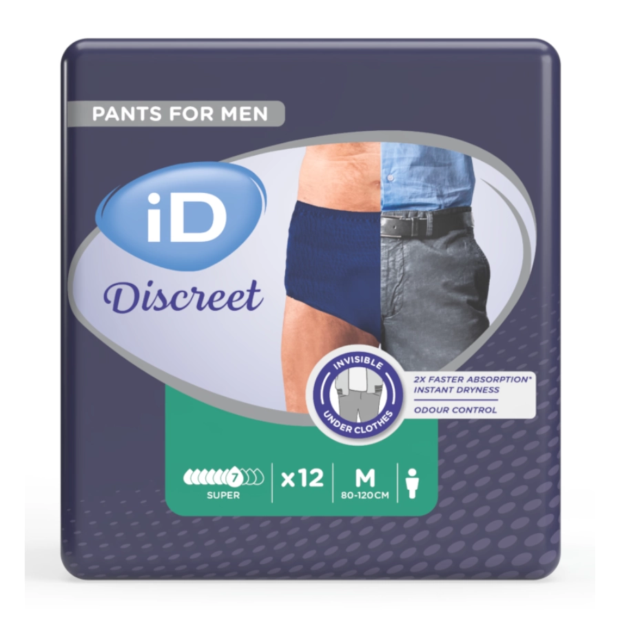Protection absorbante discrète - ID Discreet Pants pour homme - 96 culottes - "Super" - Taux d'absorption  990 mL - Tour de taille  80/120 cm