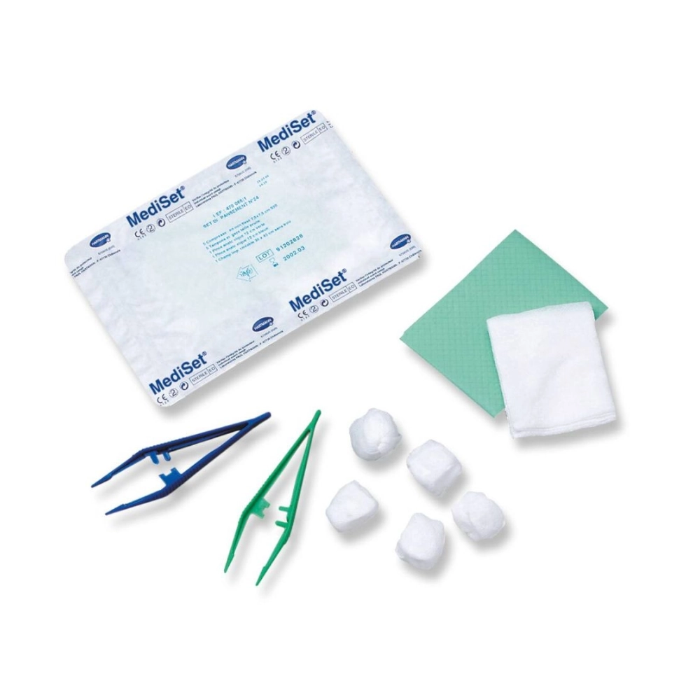 Set MEDISET® N°2 - 75 sets - Comprenant :1 pince anatomique. 5 tampons. 5 compresses. 1 pince Kocher. 1 champ 38 x 45 cm