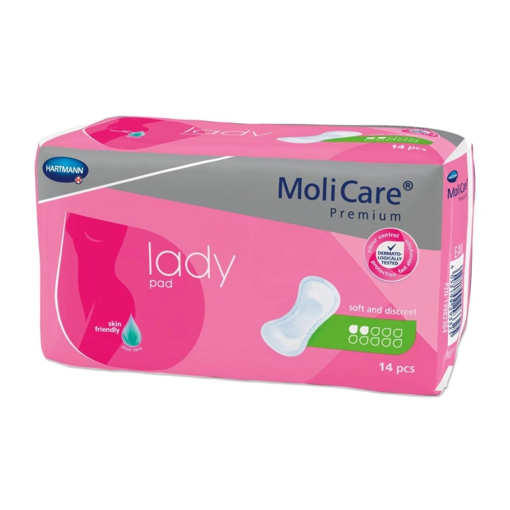 Protection anatomique avec triple coussin absorbant - MoliCare Premium Lady Pad  - 252 Protections - 2 Gouttes - Taux d'absorption  331 mL - Dimension 26,5 cm