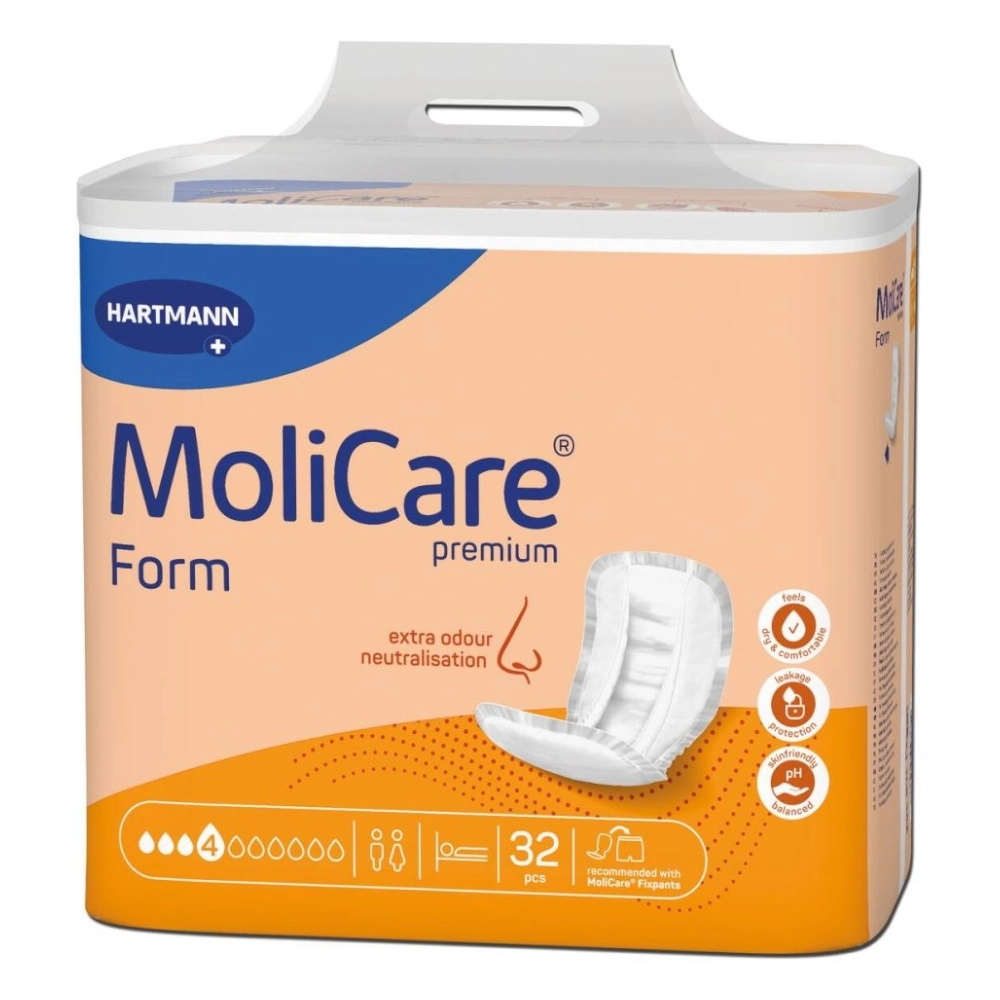  Grandes protections anatomiques absorbantes - Molicare Premium Form - 128 Protections - 4 Gouttes - Taux d'absorption  1492 mL