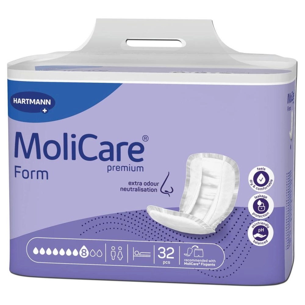 Grandes protections anatomiques absorbantes - Molicare Premium Form - 128 Protections - 8 Gouttes - Taux d'absorption  3017 mL 