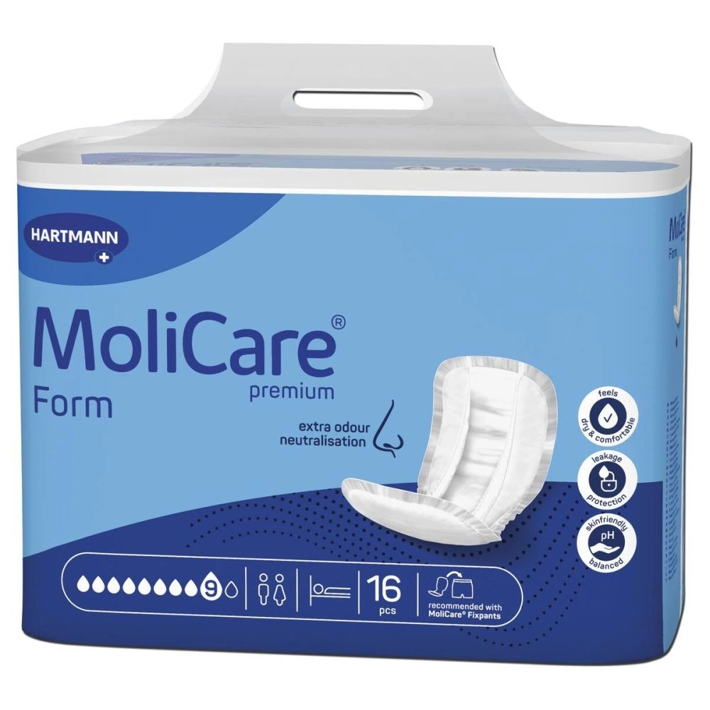 Grandes protections anatomiques absorbantes - Molicare Premium Form - 64 Protections - 9 Gouttes - Taux d'absorption  3399 mL
