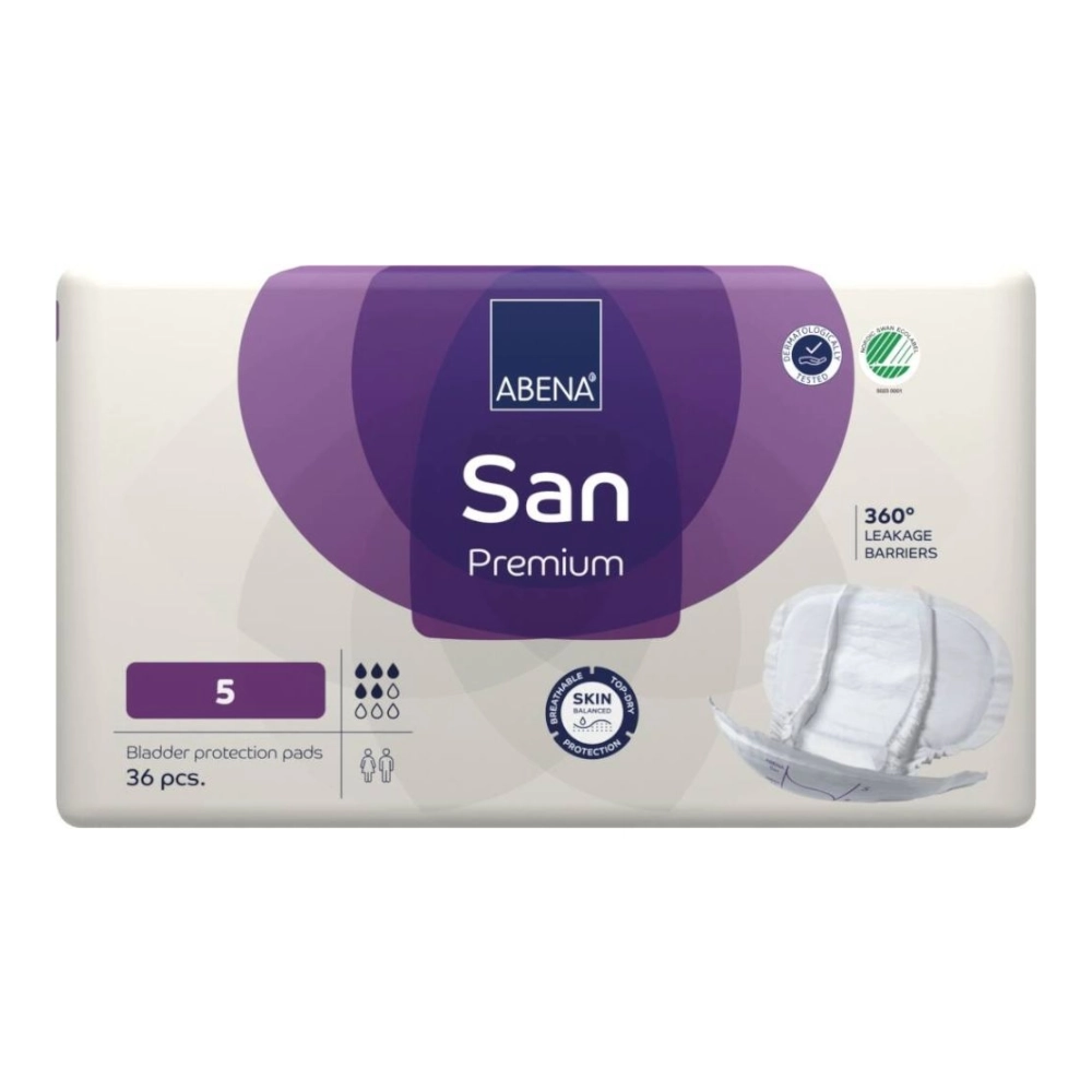 Protections anatomiques confortables et discrètes - ABENA San Premium  - 144 protections - 5 gouttes - Taux d'absorption: 1200 mL - Dimensions 54x28 cm