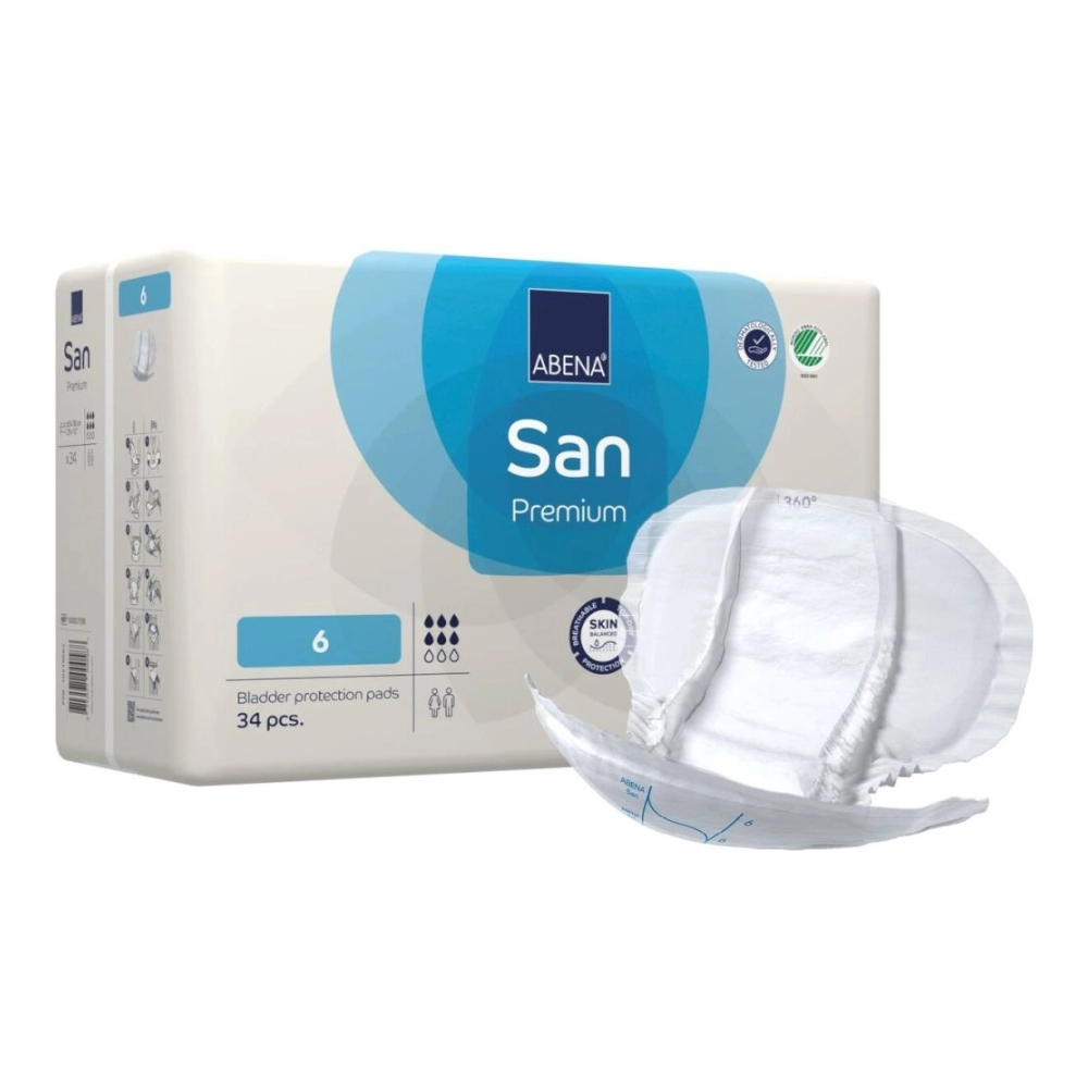 Protections anatomiques confortables et discrètes - ABENA San Premium  - 102 protections - 6 gouttes - Taux d'absorption: 1600 mL - Dimensions 63 x 30 cm