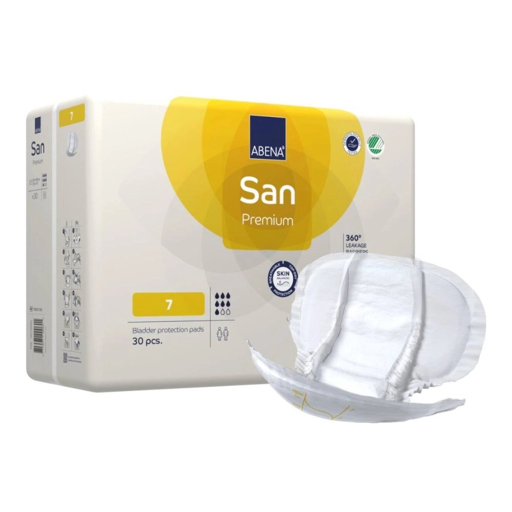 Protections anatomiques confortables et discrètes - ABENA San Premium  - 120 protections - 6 gouttes - Taux d'absorption: 2100 mL - Dimensions 63 x 36 cm