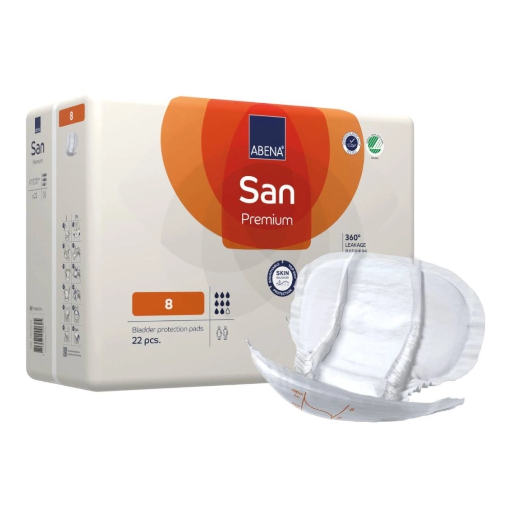 Protections anatomiques confortables et discrètes - ABENA San Premium  - 88 protections - 8 gouttes - Taux d'absorption: 2500 mL - Dimensions 63 x 36 cm