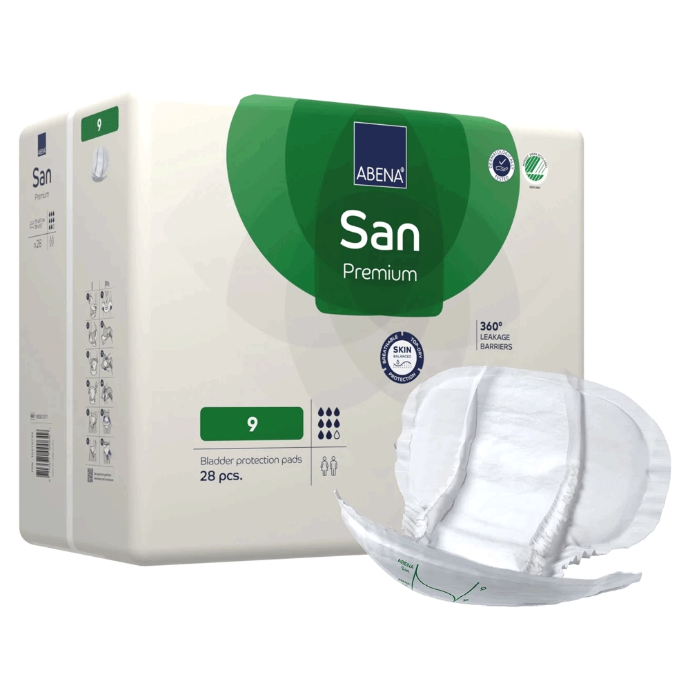 Protections anatomiques confortables et discrètes - ABENA San Premium  - 112 protections - 9 gouttes - Taux d'absorption: 2400 mL - Dimensions 73 x 37 cm