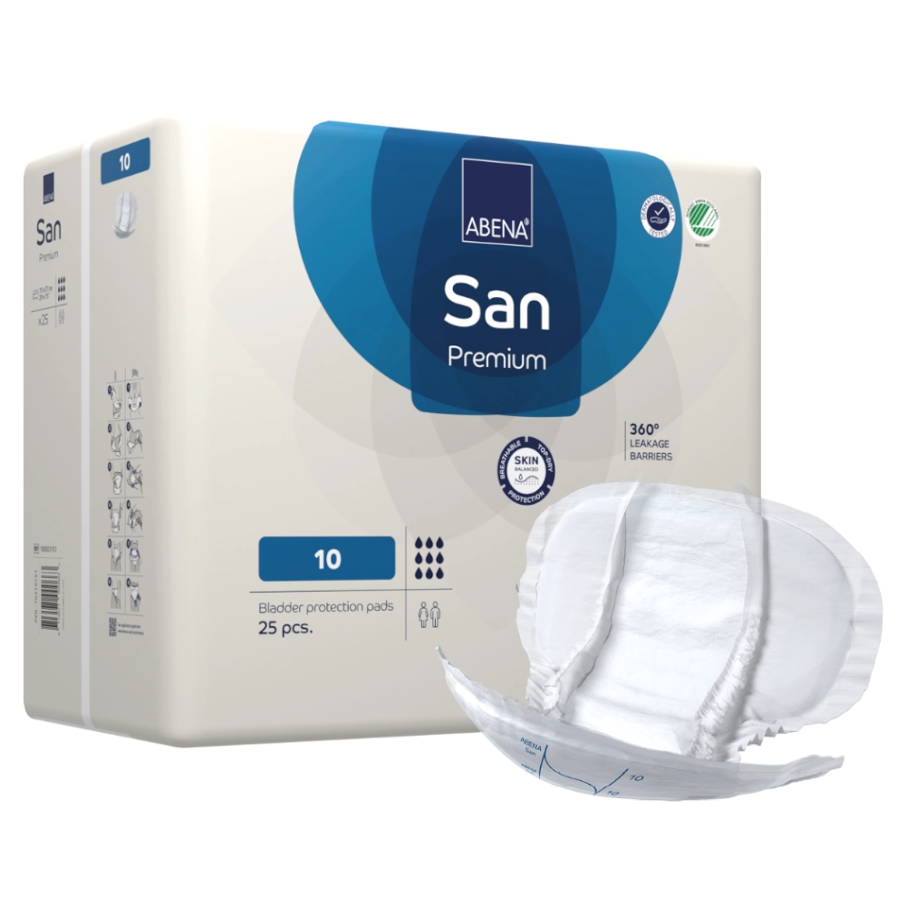 Protections anatomiques confortables et discrètes - ABENA San Premium  - 100 protections - 10 gouttes - Taux d'absorption: 2800 mL - Dimensions 73 x 37 cm