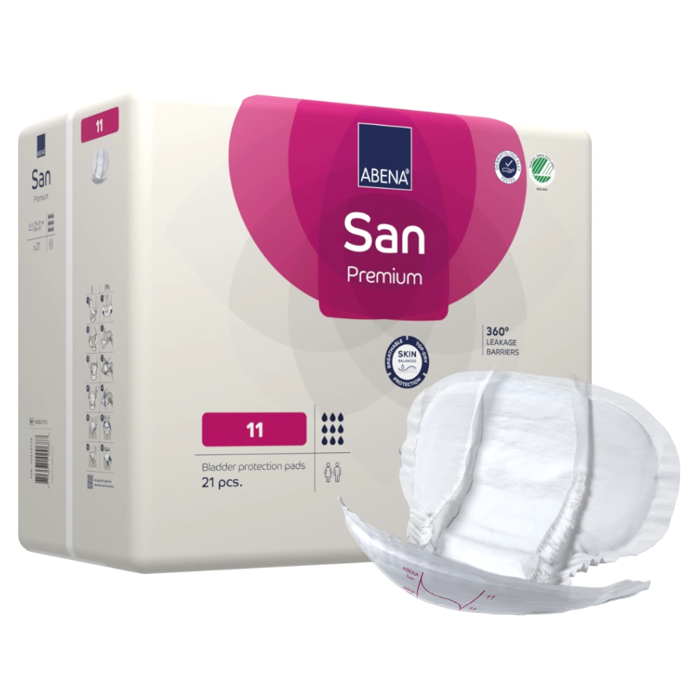 Protections anatomiques confortables et discrètes - ABENA San Premium  - 84 protections - 11 gouttes - Taux d'absorption: 3400 mL - Dimensions 73 x 37 cm