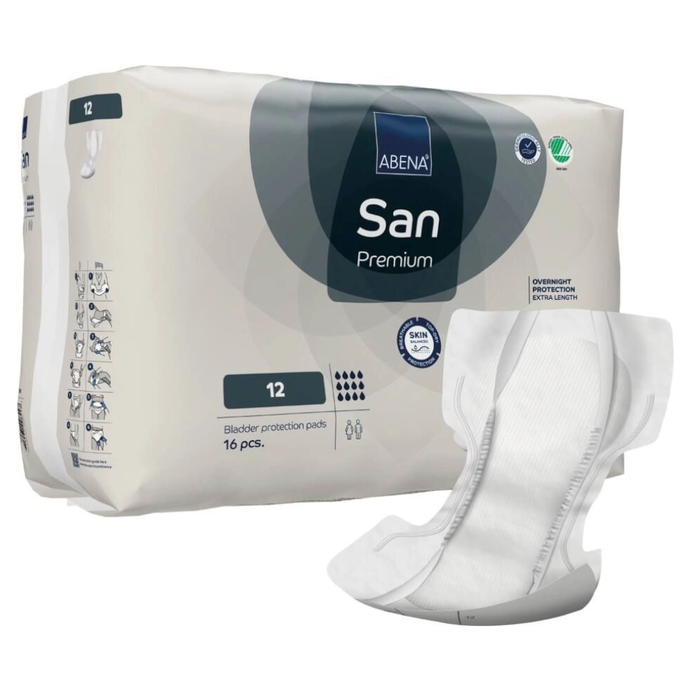 Protections anatomiques confortables et discrètes - ABENA San Premium  - 64 protections - 12 gouttes - Taux d'absorption: 4000 mL - Dimensions 84 x 46 cm