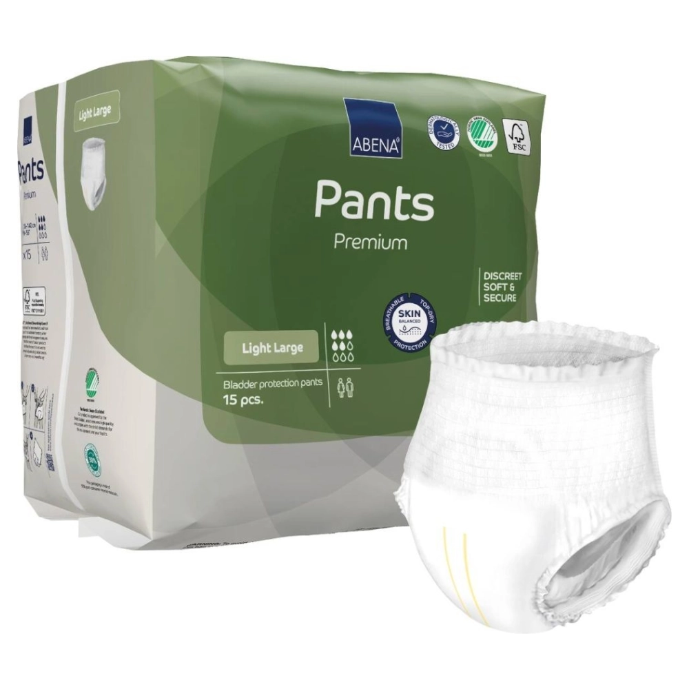 Culotte absorbante moderne et discrète - ABENA Pants Premium  - 90 protections - Light L 5 gouttes - Taux d'absorption: 900 mL - Tour de taille 100 x 140 cm