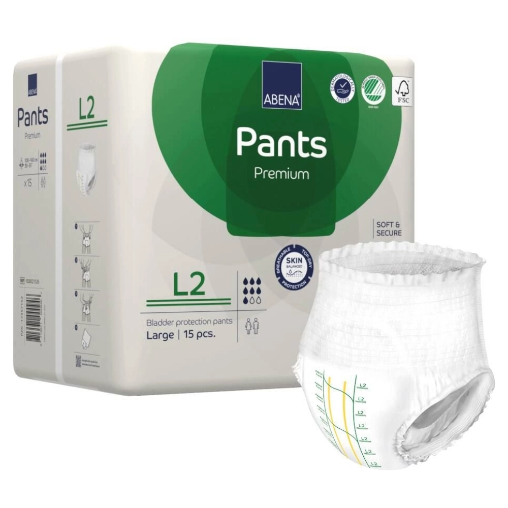 Culotte absorbante moderne et discrète - ABENA Pants Premium  - 90 protections - L2 7 gouttes - Taux d'absorption: 1900 mL - Tour de taille 100 x 140 cm