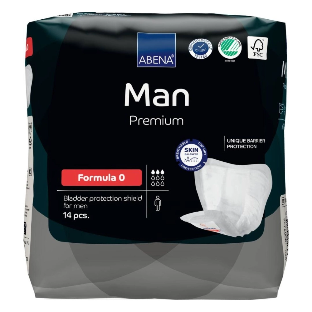 Protection masculine confortable et sécurisée - ABENA Man Premium  - Formula 0 - 3 Gouttes - 224 protections - Taux d'absorption: 300 mL - Dimensions 23 x 19 cm