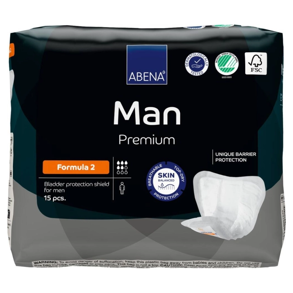 Protection masculine confortable et sécurisée - ABENA Man Premium  - Formula 2 - 5 Gouttes - 180 protections - Taux d'absorption: 700 mL - Dimensions 29 x 23 cm