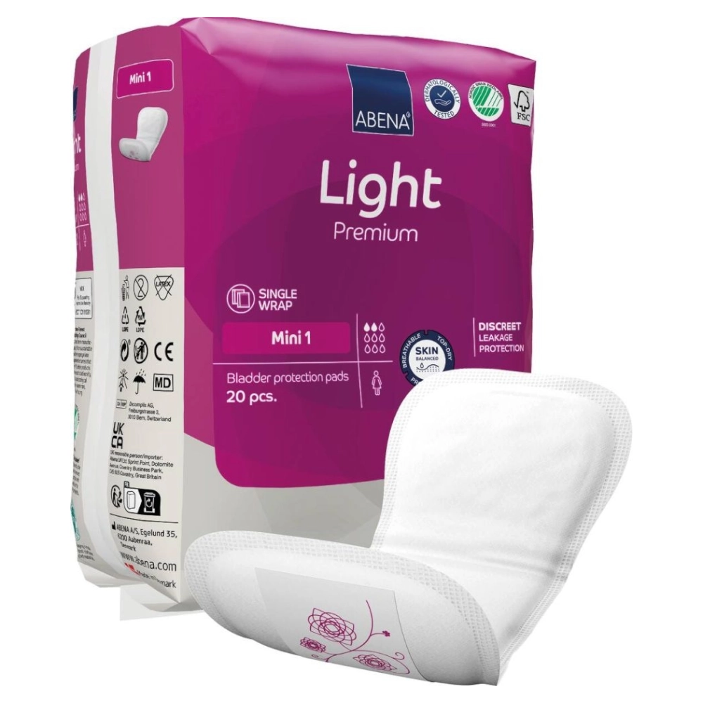 Protection discrète et sécurisante - ABENA Light Premium - 256 protections - 2 gouttes "Mini Plus 1A" - Dimension: 28 x 10 cm
