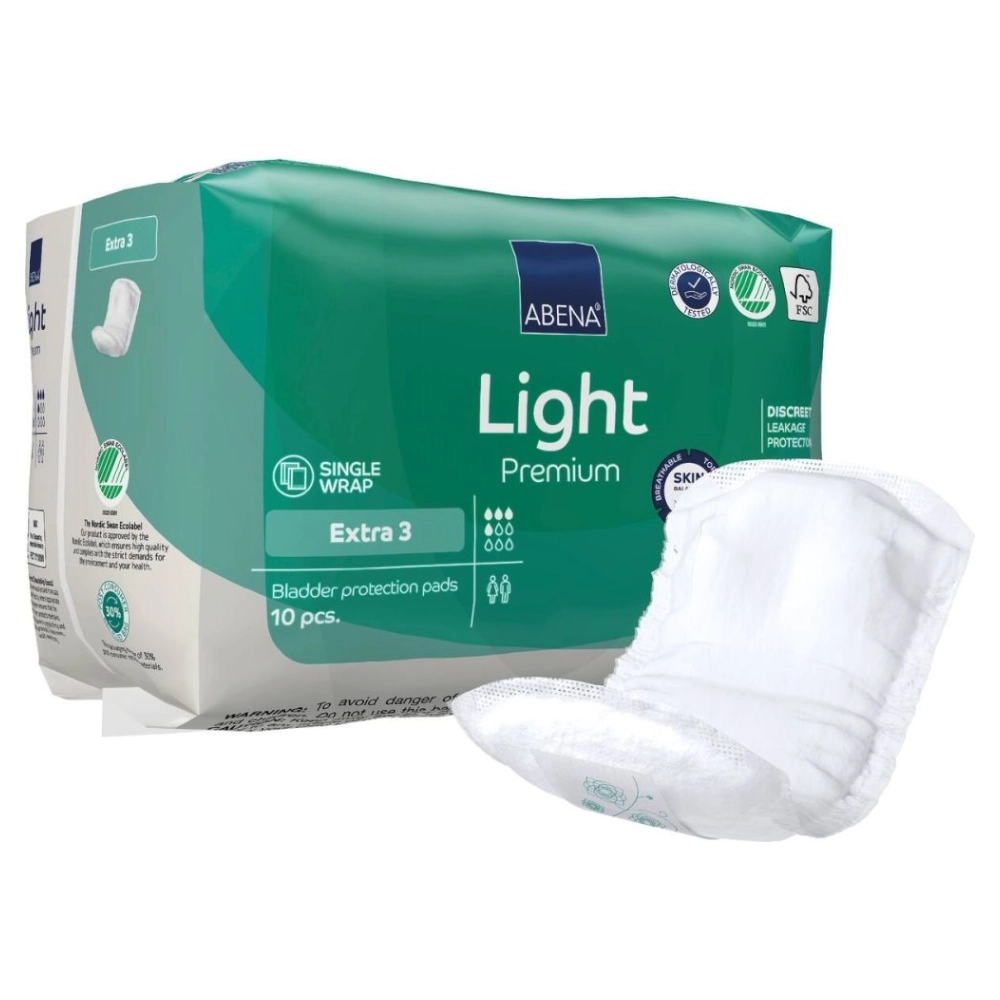 Protection discrète et sécurisante - ABENA Light Premium - 200 protections - 4 gouttes "Extra 3" - Dimension: 33 x 11 cm