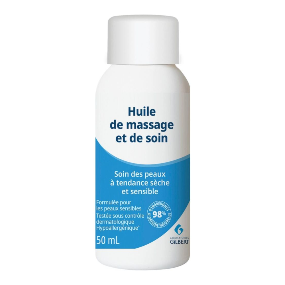 Huile de massage et de soin – Soin cutané et bien-être pour les peaux sensibles GILBERT - 1 flacon de 50 ml avec réducteur