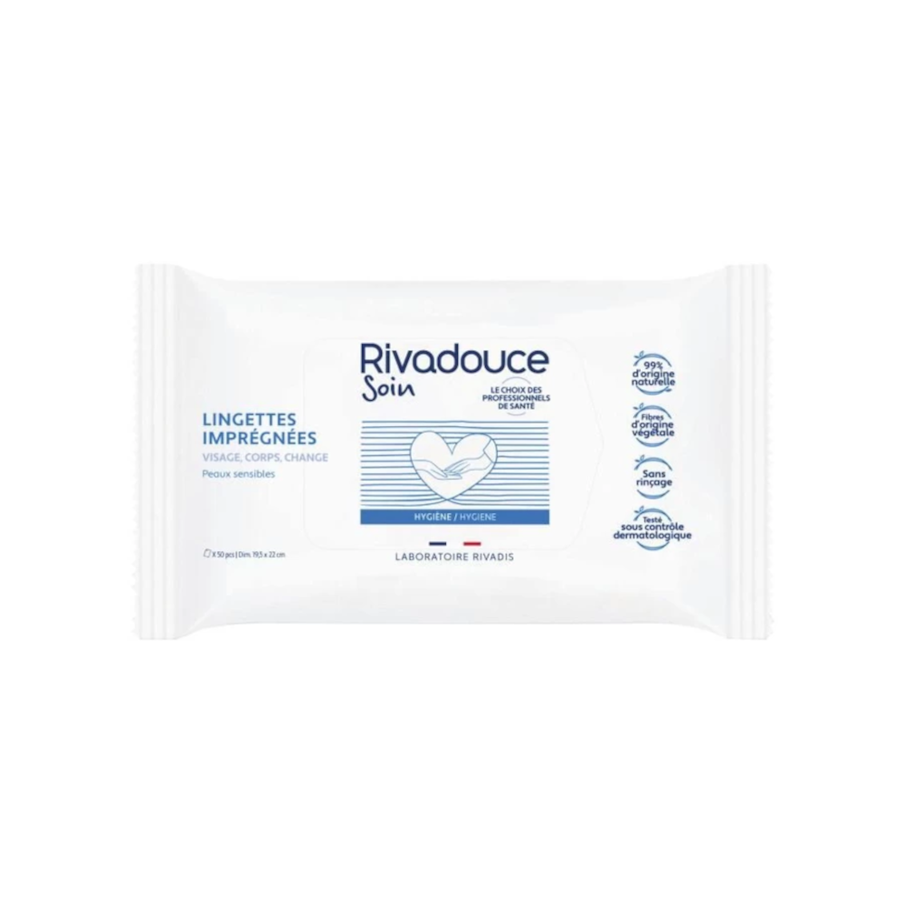 Lingette imprégnée RIVADOUCE : le choix hygiénique, doux et pratique pour les soins quotidiens - Dimensions : 19,5 x 22 cm  Conditionnement : 1 flow-pack de 50 lingettes