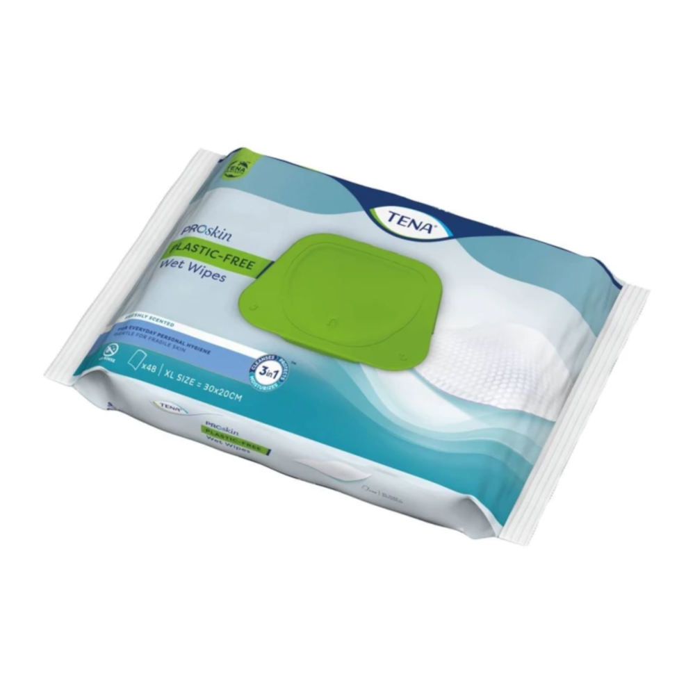 Lingettes TENA Wet Wipes Plastic Free ProSkin : l’hygiène douce et efficace pour les soins liés à l’incontinence - Dimensions : 30 x 20 cm - Conditionnement : 12 sachets de 48