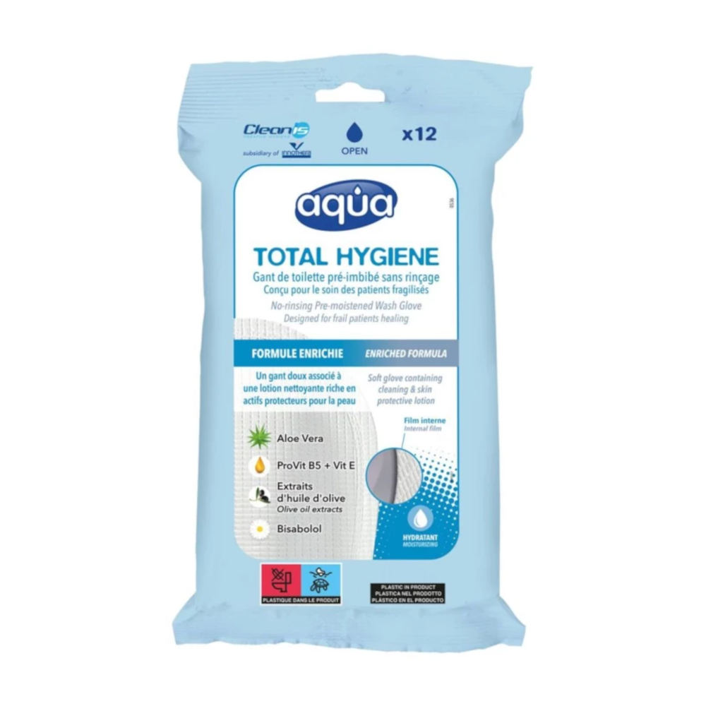 Gant pré-imprégné solution nettoyante AQUA : la toilette sans rinçage idéale pour les patients alités, incontinents ou dépendants - Conditionnement : 1 sachet de 12