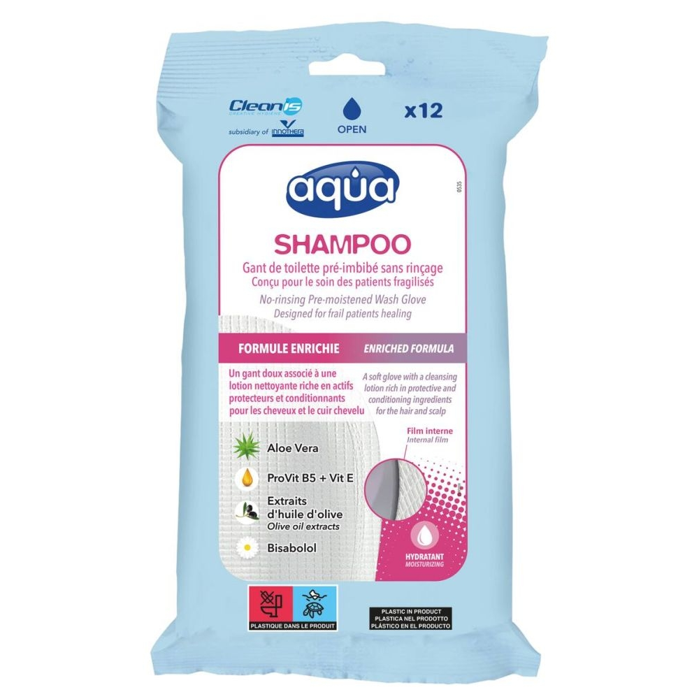 Gant de toilette AQUA SHAMPOO – Shampoing sans rinçage pour patients alités, incontinents ou dépendants - Conditionnement : 1 sachet de 12