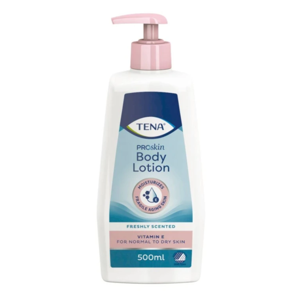 Lotion hydratante TENA Body Lotion ProSkin : le soin quotidien idéal pour les peaux desséchées, kératosiques ou à tendance dermatose - Conditionnement : 1 flacon pompe de 500 ml
