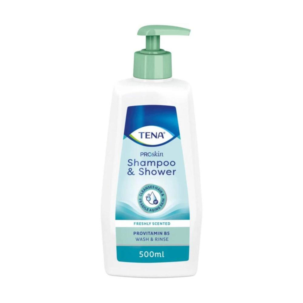 Shampoing/gel douche TENA Shampoo & Shower ProSkin : l’hygiène complète en un seul geste - Conditionnement : 1 flacon pompe de 500 ml