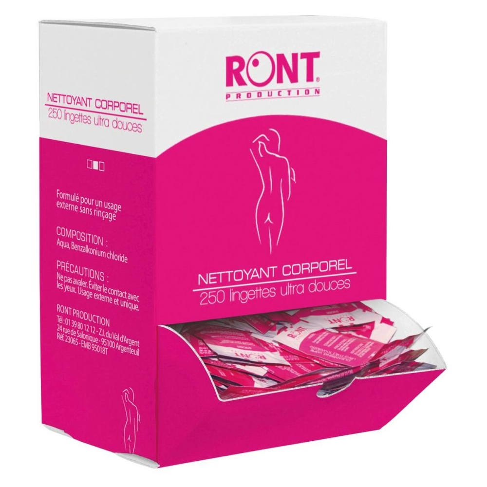 Lingette nettoyante corporelle RONT PRODUCTION – Hygiène pratique et efficace sans rinçage - Dimensions : 25,5 x 12,5 cm  Conditionnement :  1 boîte de 250 sachets