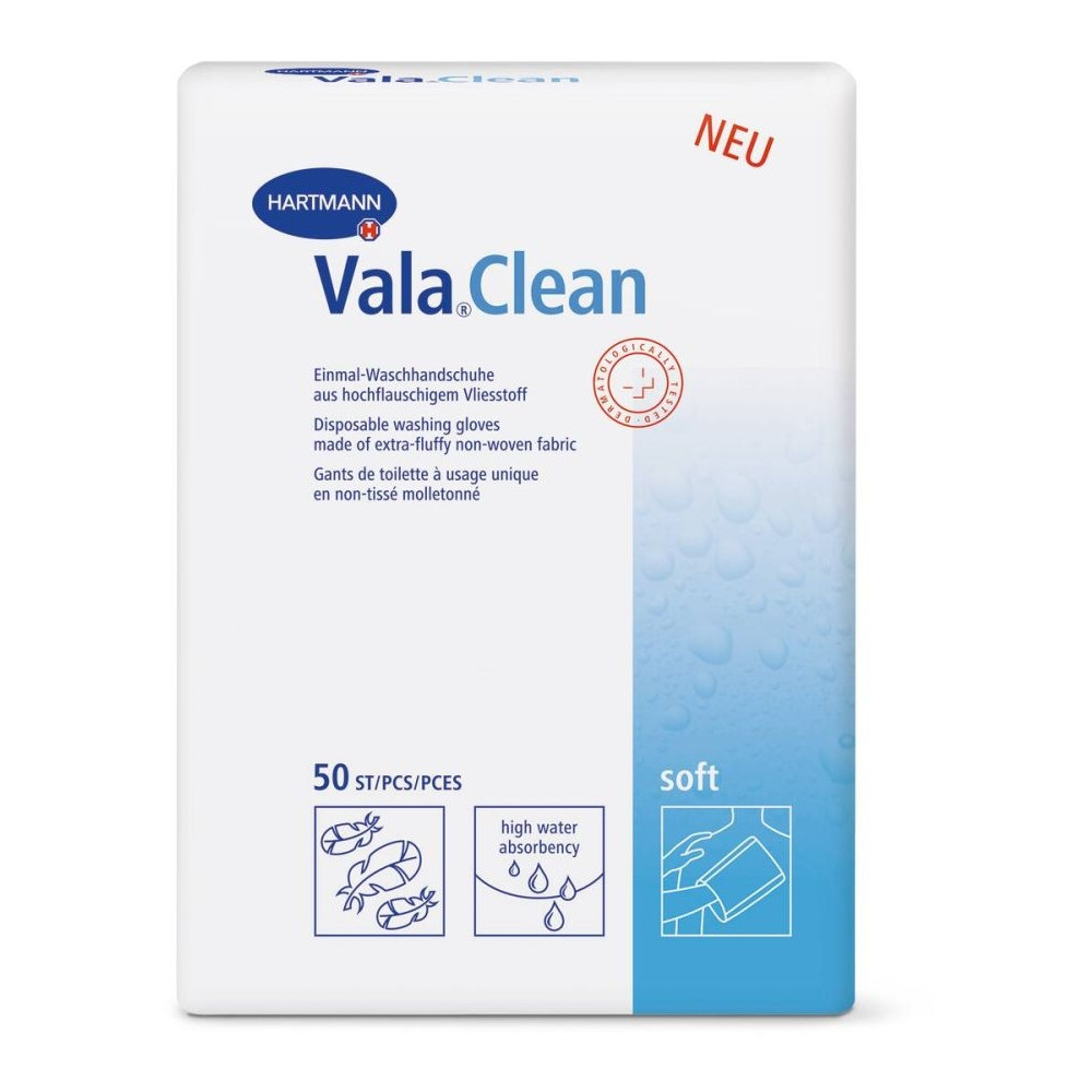 Gant de toilette VALA CLEAN - gant de toilette à usage unique en non-tissé doux, spécialement conçu pour une toilette corporelle confortable, hygiénique et pratique - Dimensions : 21 x 5,5 cm - Conditionnement : 1 sachet de 50