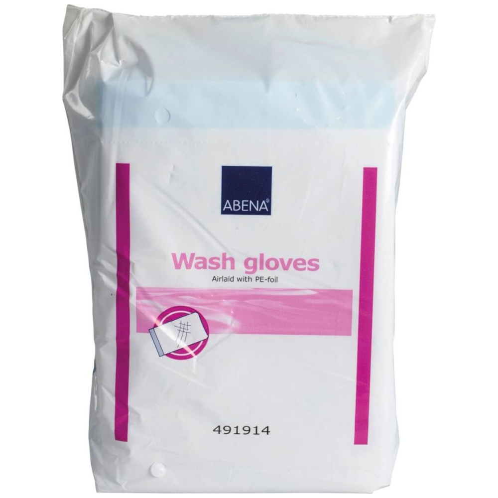 Gant de toilette jetable ABENA : hygiène, confort et sécurité au service des soins - Plastifié - Dimensions: 16 x 22 cm - Conditionnement : 20 sachets de 50