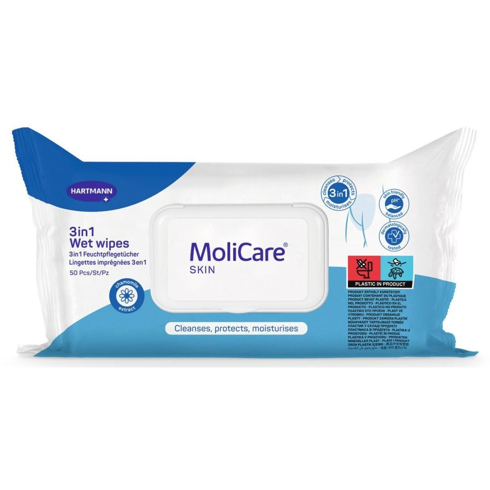 Serviettes imprégnées Molicare Skin : l'hygiène optimale pour le soin de la peau fragile - Dimensions: 30 x 20 cm - Conditionnement : 1 sachet de 50