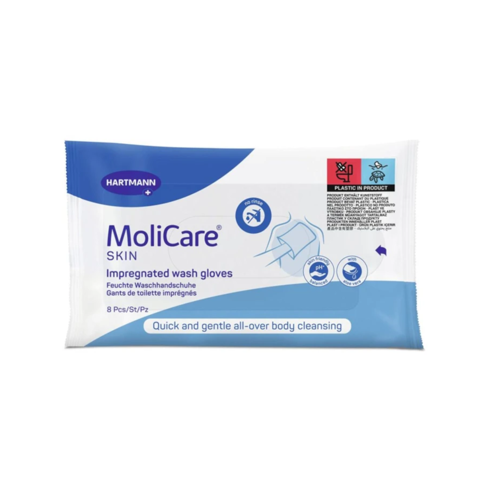 Gants de toilette imprégnés Molicare Skin : l’hygiène pratique et douce pour les peaux sensibles - Gant de toilette imprégné - Dimensions:  22 x 15 cm - Conditionnement :  1 sachet de 8