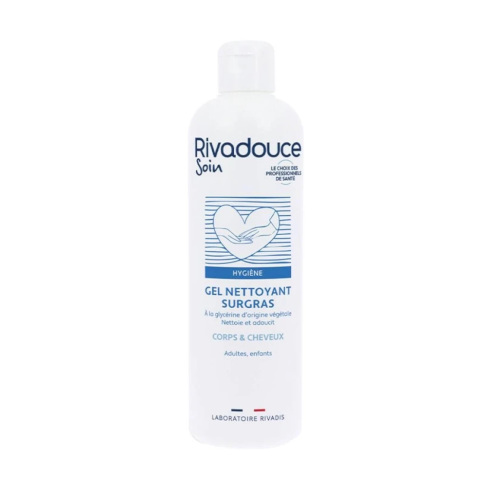 Gel nettoyant surgras RIVADOUCE - gel lavant hydratant sans parfum, adapté aux peaux sensibles et sèches et aux cheveux - Conditionnement :  1 flacon de 500 ml
