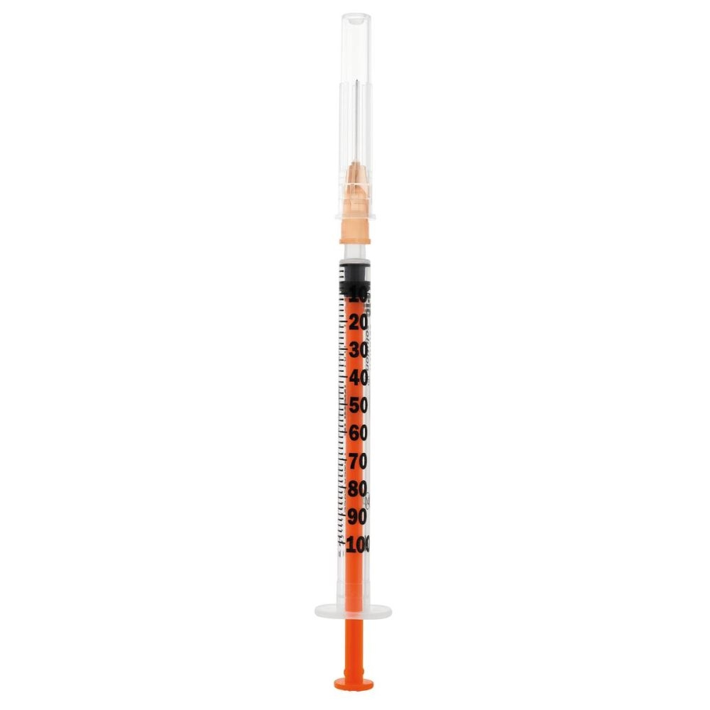 Seringue à insuline PIC 1 ml 100 U : dispositif médical de précision pour l'administration de l'insuline - Gauge: 25G - ORANGE - Avec aiguille : 16 x 0,50 mm - Contenance : 1 ml - Conditionnement : 1 boîte de 100