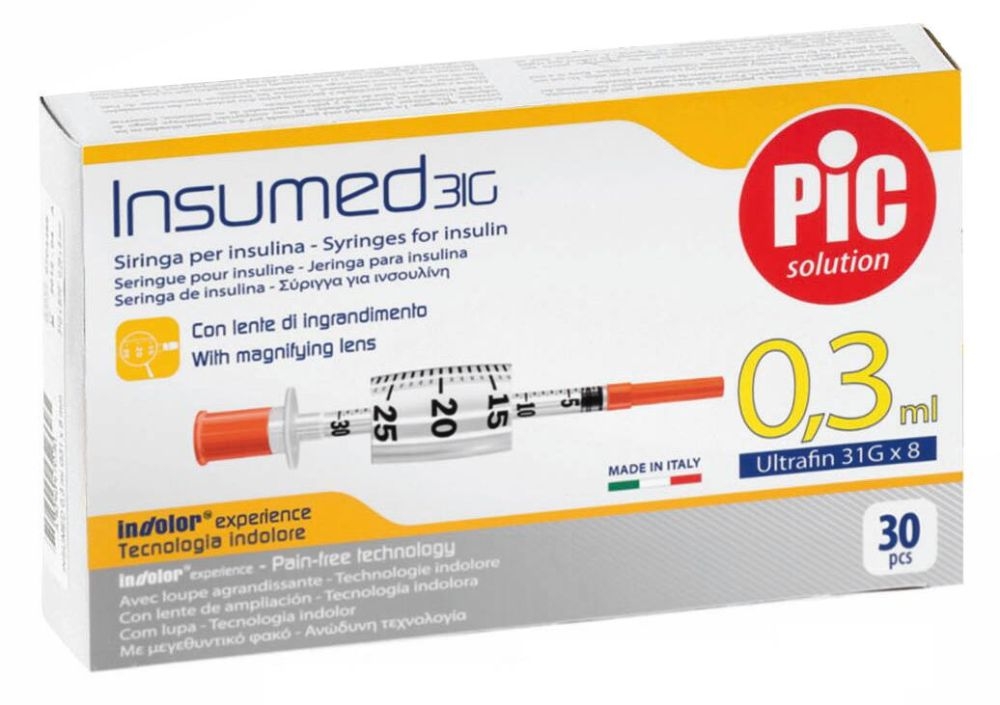 Seringue à insuline INSUMED : précision, sécurité et confort pour vos injections - Coloris : Jaune - Aiguille: 8 x 0,25 mm - Gauge : 31 G - Contenance : 0,3 ml - Conditionnement : 1 boîte de 30