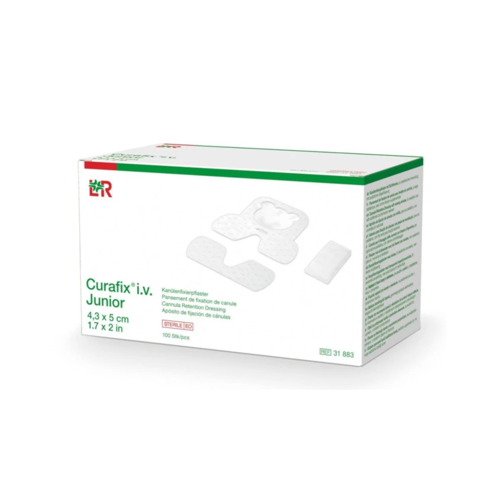 Pansement CURAFIX I.V. JUNIOR – Protection et fixation optimale pour les sites d’injection en pédiatrie - Dimensions : L. 5 x l. 4,3 cm  Conditionnement : 1 boîte de 100