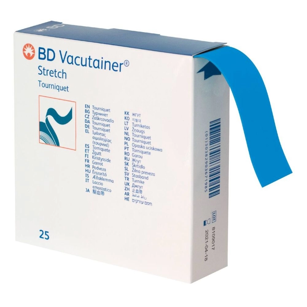 Garrot à usage unique BD VACUTAINER STRETCH – Garrot médical sans latex prédécoupé - Dimensions : L. 45 cm x l. 25 mm  - Conditionnement : 1 boîte de 25