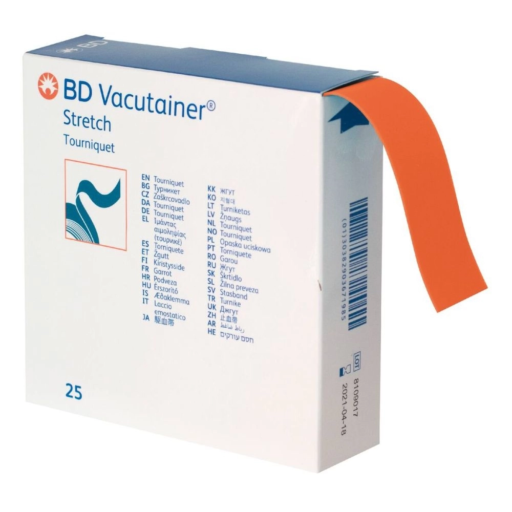 Garrot à usage unique BD VACUTAINER STRETCH – Garrot médical sans latex prédécoupé - Dimensions : L. 45 cm x l. 25 mm  - Conditionnement : 1 boîte de 25