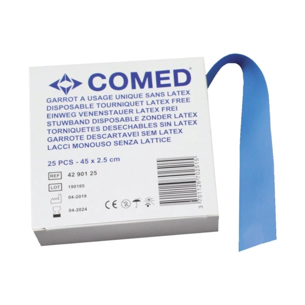 Garrot sans latex COMED – Garrot sans latex à usage unique pour les professionnels de santé – Dimensions : L. 45 x l. 2,5 cm  Conditionnement : 1 boîte de 25