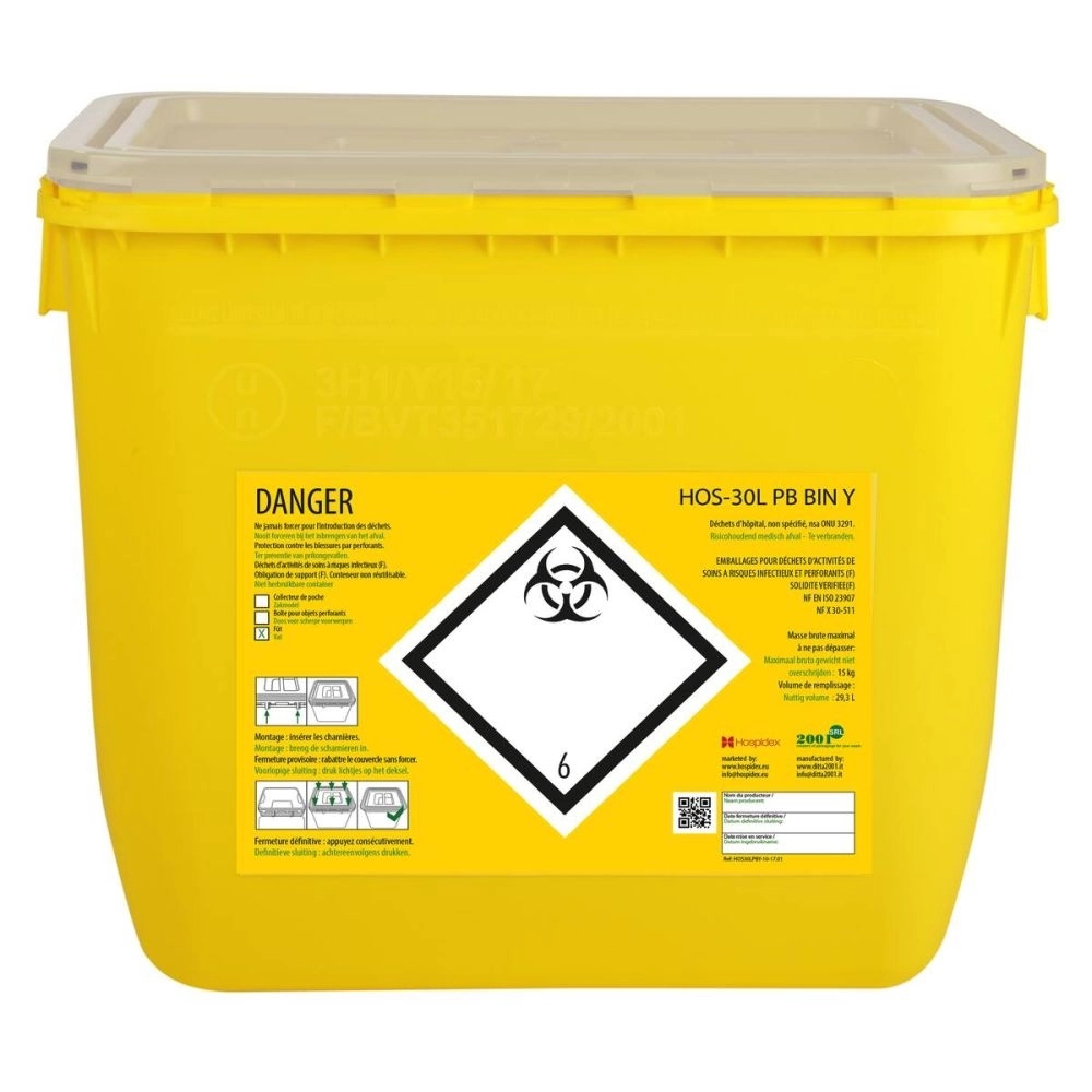 Fût en plastique CLINISAFE Marque HOSPIDEX – Stockage et élimination sécurisée des déchets médicaux - FÛT 30 L - Avec opercule - L. 40 x l. 30 x H. 32,6 cm