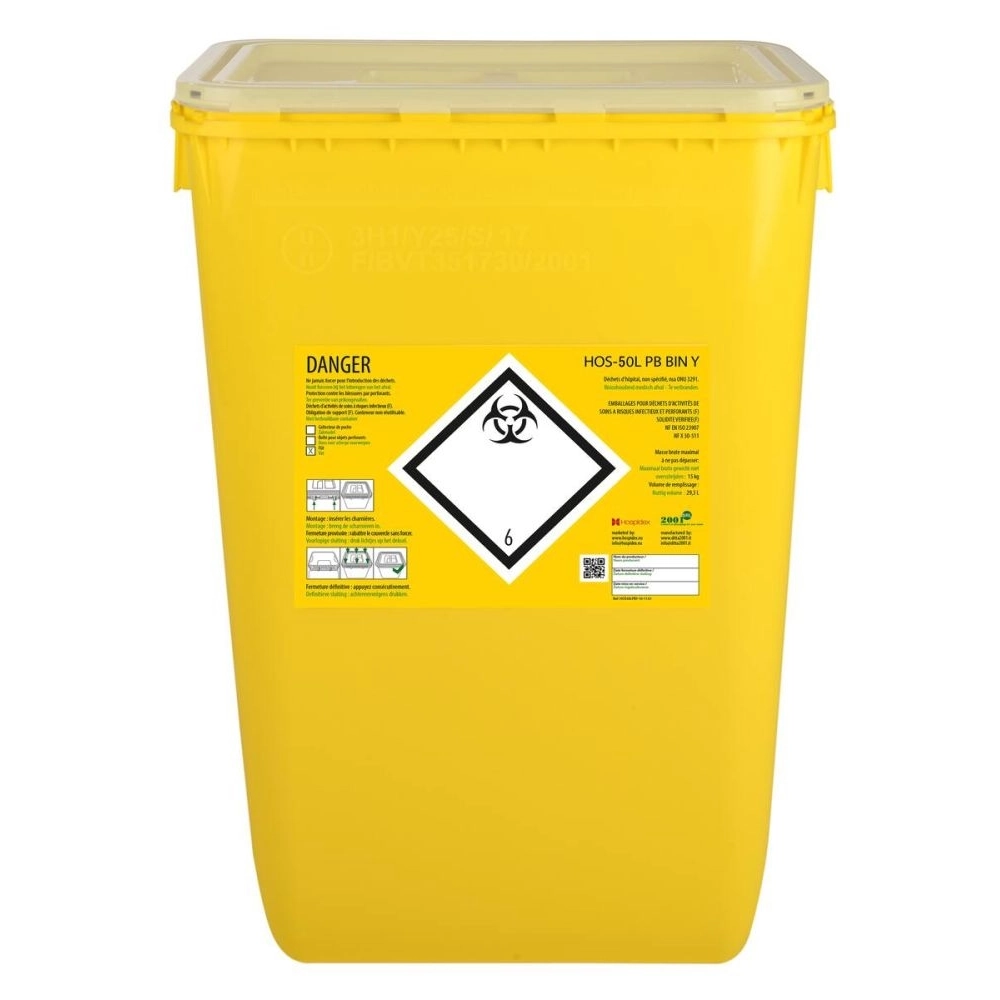 Fût en plastique CLINISAFE Marque HOSPIDEX – Stockage et élimination sécurisée des déchets médicaux - FÛT 50 L - Sans opercule - L. 40 x l. 30 x H. 55 cm