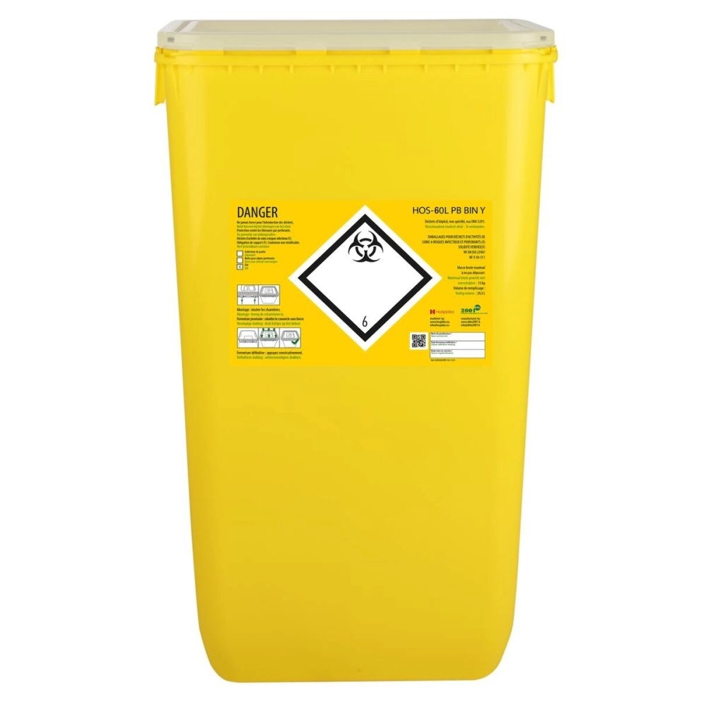 Fût en plastique CLINISAFE Marque HOSPIDEX – Stockage et élimination sécurisée des déchets médicaux - FÛT 60 L - Sans opercule - L. 40 x l. 30 x H. 67 cm