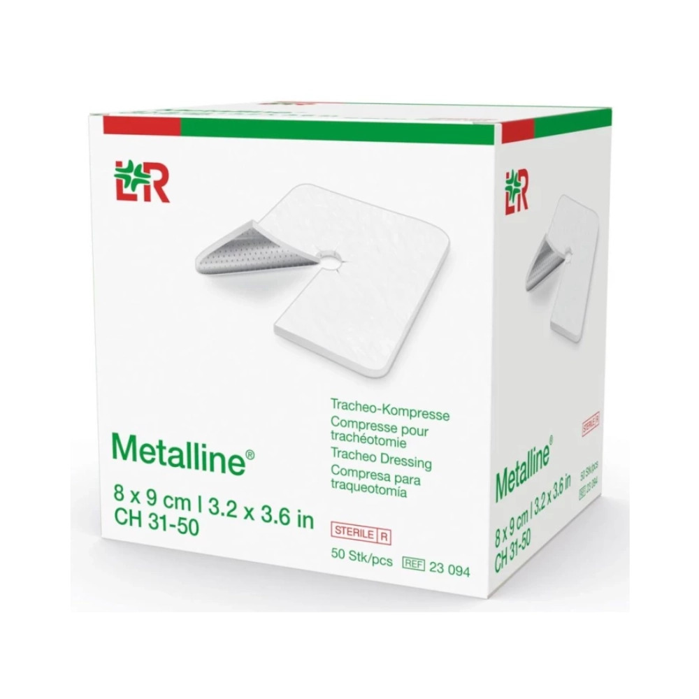 Compresse trachéotomie stérile METALLINE : Hygiène et sécurité pour les patients trachéotomisés - Dimensions : L. 9 x l. 8 cm  - Conditionnement : 1 boîte de 50