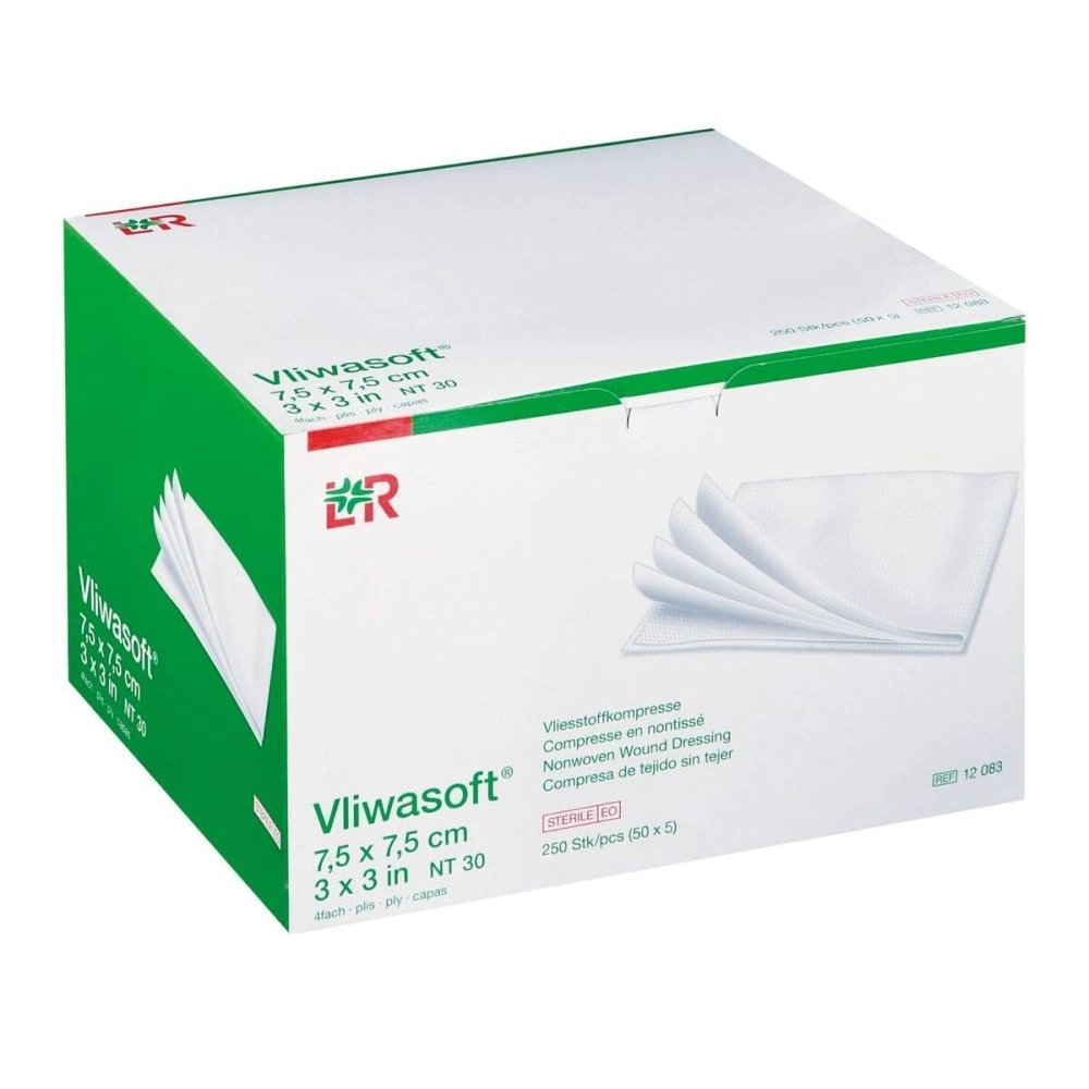 Compresse en non-tissé stérile VLIWASOFT – Soin des plaies - Dimensions  L. 7,5 x l. 7,5 cm  - Conditionnement : 1 boîte de 50 sachets de 5
