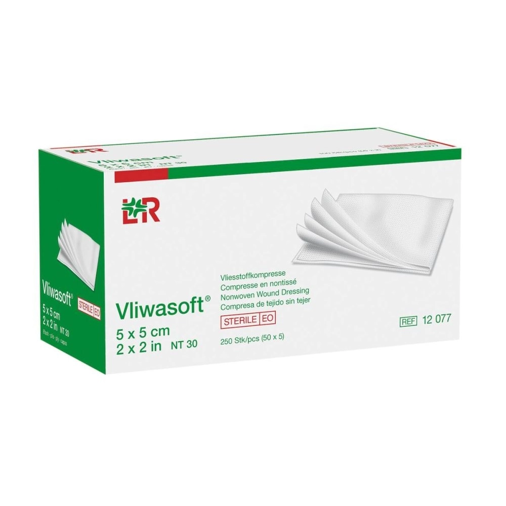 Compresse en non-tissé stérile VLIWASOFT – Soin des plaies - Dimensions  L. 5 x l. 5 cm  - Conditionnement : 1 boîte de 50 sachets de 5
