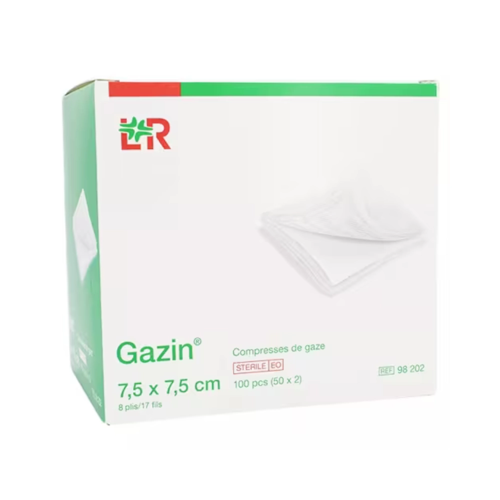 Compresse de gaze stérile GAZIN – Compresse de gaze 100% coton hydrophile, 8 plis, 17 fils - Dimensions  L. 7,5 x l. 7,5 cm  - Conditionnement : 1 boîte de 100