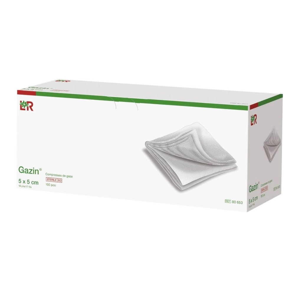 Compresse de gaze stérile GAZIN – Compresse de gaze 100% coton hydrophile, 8 plis, 17 fils - Dimensions  L. 5 x l. 5 cm  - Conditionnement : 1 boîte de 100
