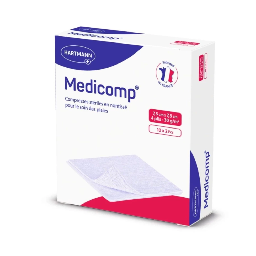 Compresse en non-tissé stérile MÉDICOMP : un incontournable pour le soin des plaies - Dimensions  L. 7,5 x l. 7,5 cm - Conditionnement: 75 sachets de 2 