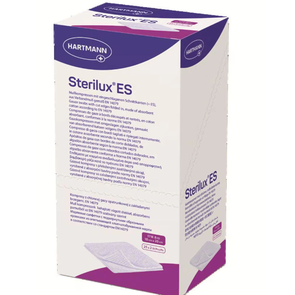 Compresse STÉRILUX ES : compresses de gaze hydrophile stériles et non stériles pour le soin des plaies - Dimensions  L. 10 x l. 10 cm - Conditionnement : 1 boîte de 100