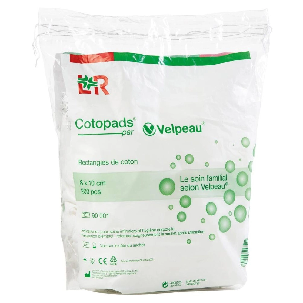 Coton non stérile COTOPADS – Carrés et rectangles 100% coton pour soins et hygiène - Dimensions  L. 10 x l. 8 cm - Conditionnement  Conditionnement  1 sachet de 200